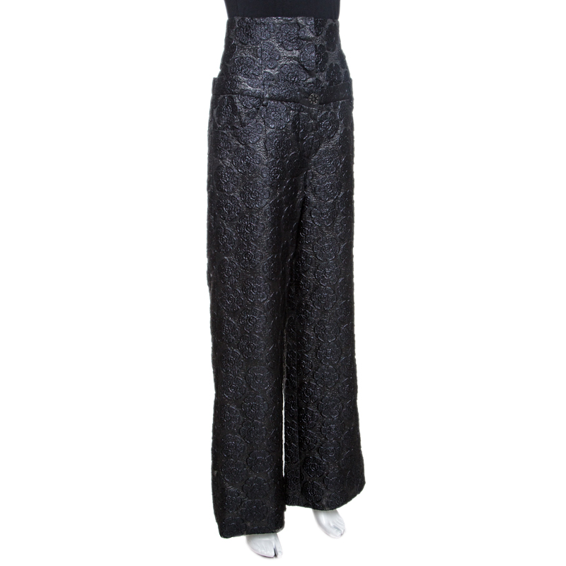 

Chanel Black Floral Jacquard Metallic Weave Detail High Waisted Trousers