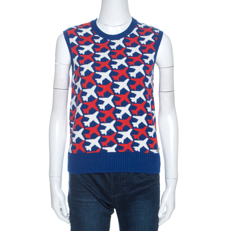 Chanel Blue Flight Patterned Jacquard Cashmere Sleeveless Sweater M