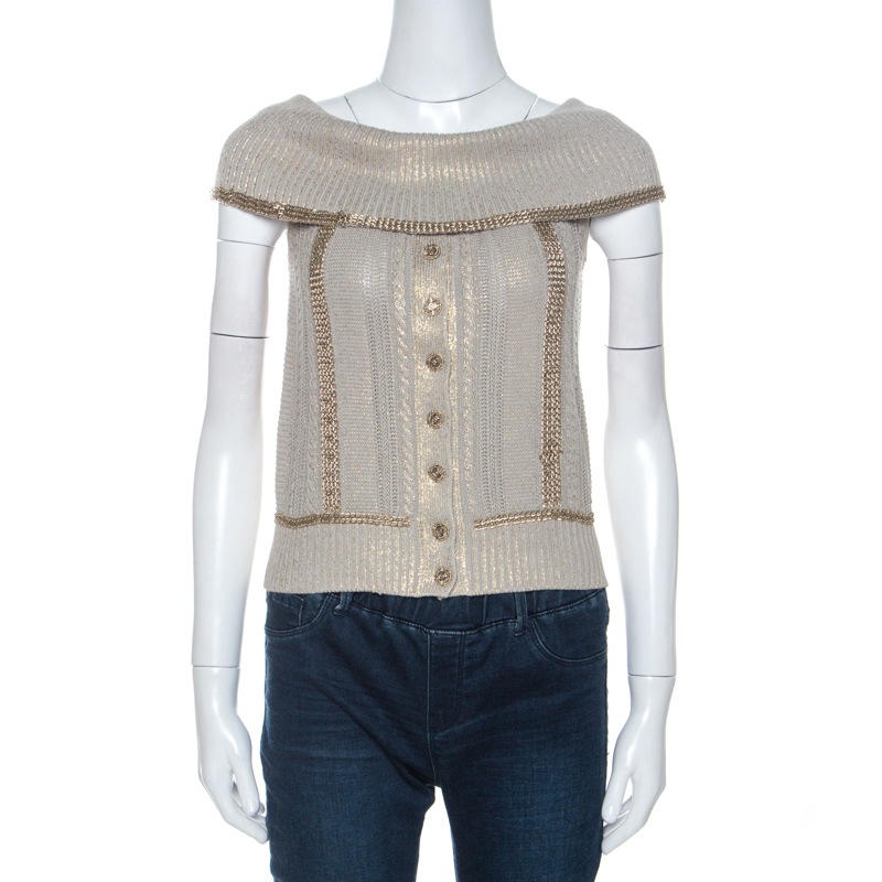 Chanel Ecru Metallic Print Knit Chain Detail off Shoulder Top S
