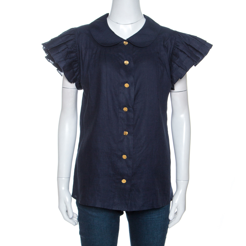 Chanel Navy Blue Linen Pleated Ruffled Sleeve Top S