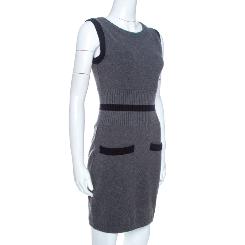 

Chanel Grey Stretch Wool Rib Knit Trim Fitted Dress