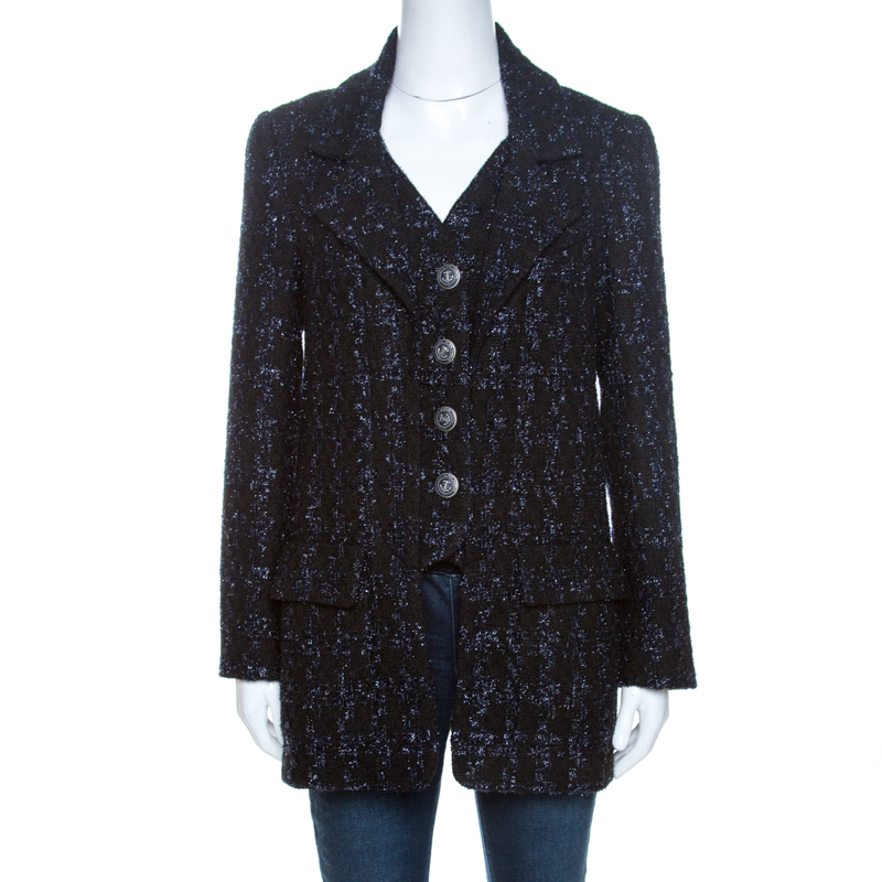 Pre Owned Chanel Black Lurex Tweed Faux Waistcoat Detail Jacket M