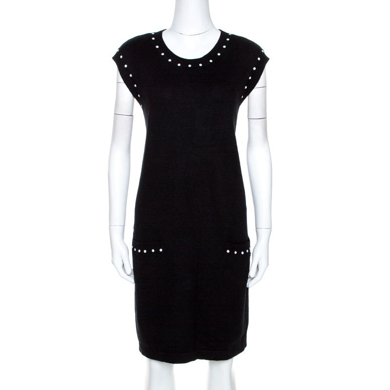 Chanel Black Pearl Embellished Knit Shift Dress XL