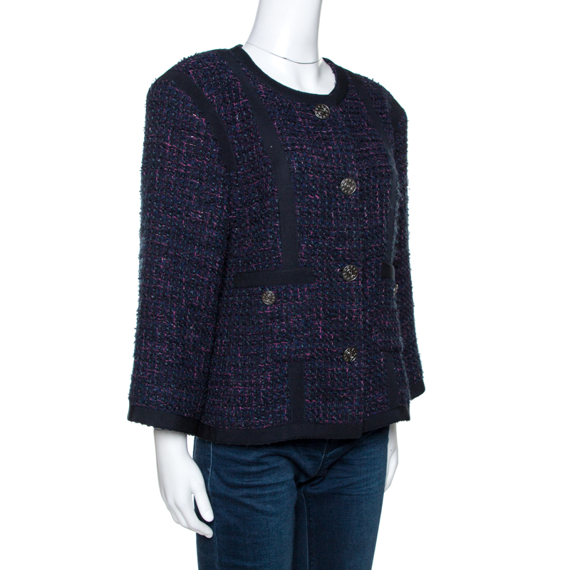 

Chanel Navy Blue Tweed Button Front Jacket