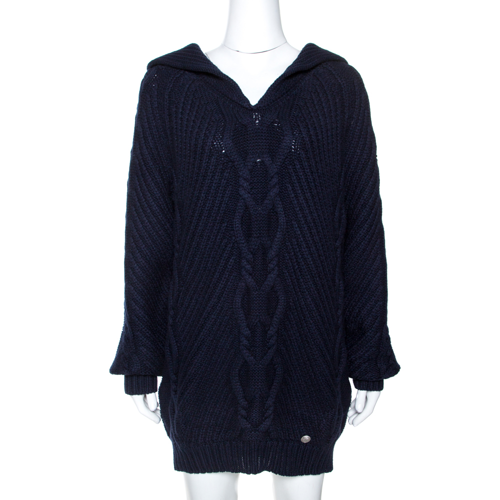 Pre-owned Navy Blue Cable Knit Long Sleeve Sweater Dress M
