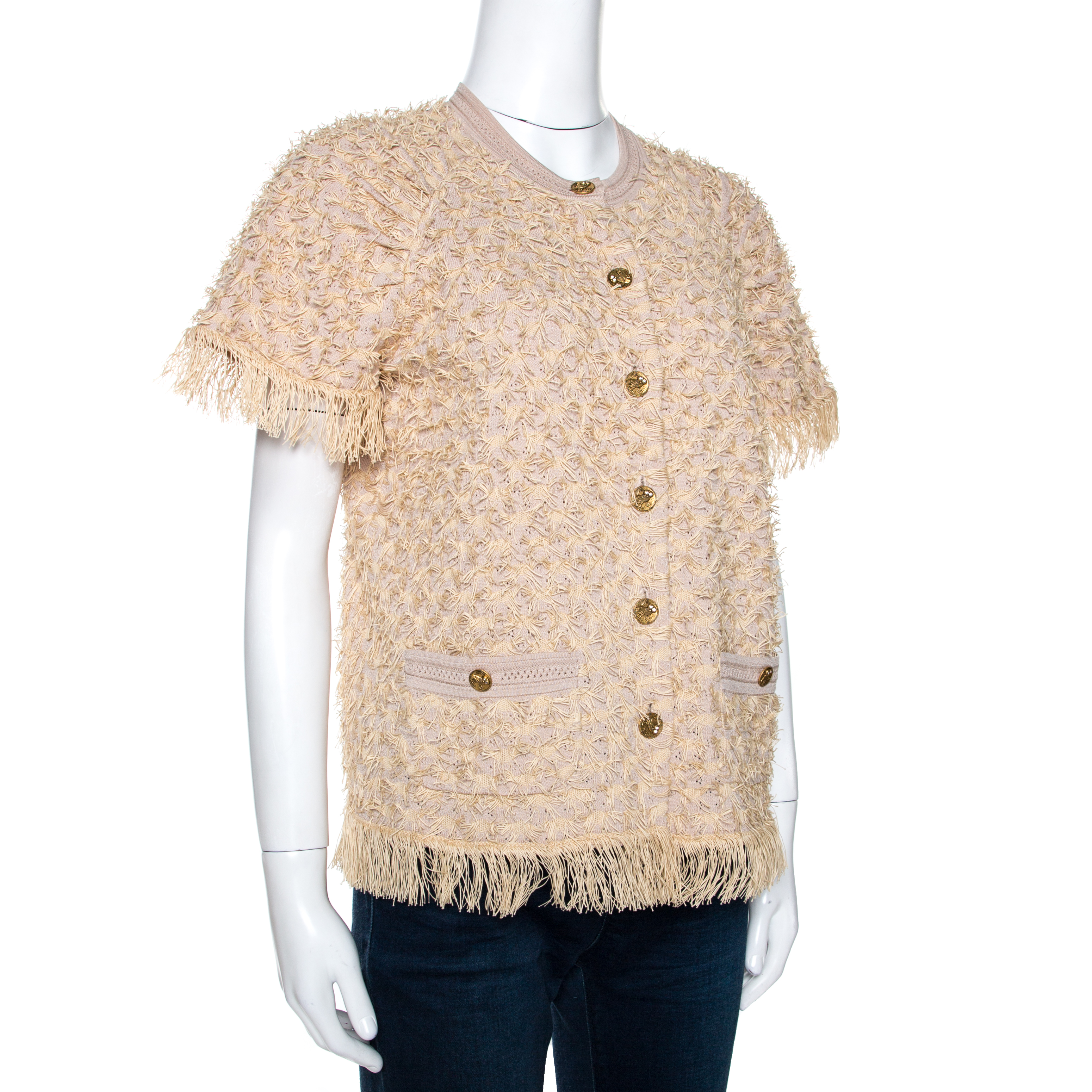 

Chanel Beige Eyelet Knit Fringed Button Front Cardigan