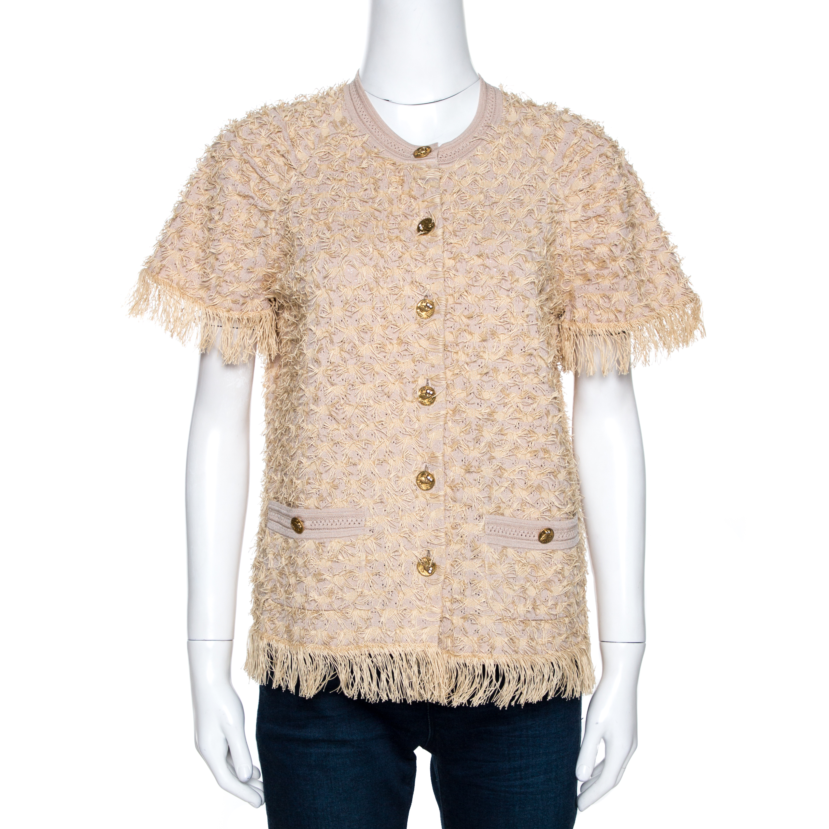 Chanel Beige Eyelet Knit Fringed Button Front Cardigan M