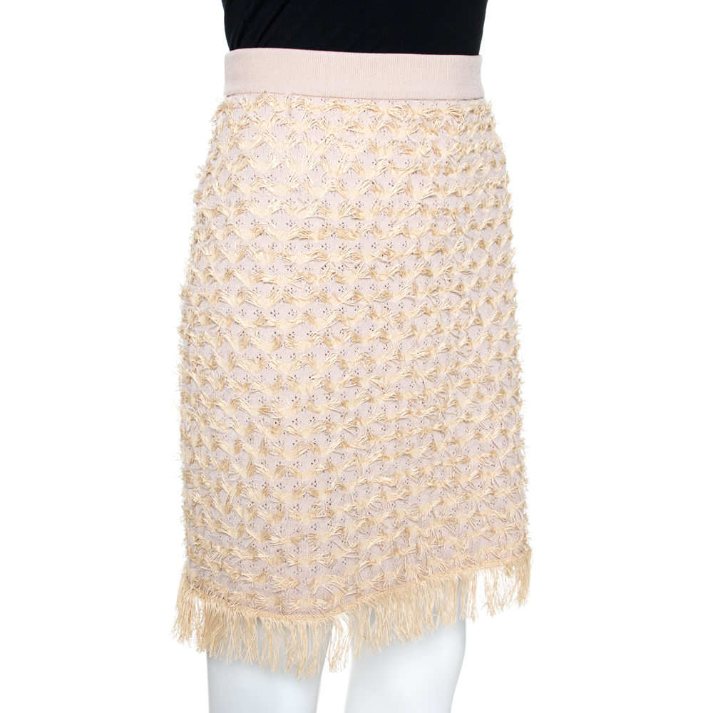 

Chanel Beige Eyelet Knit Fringed Mini Skirt