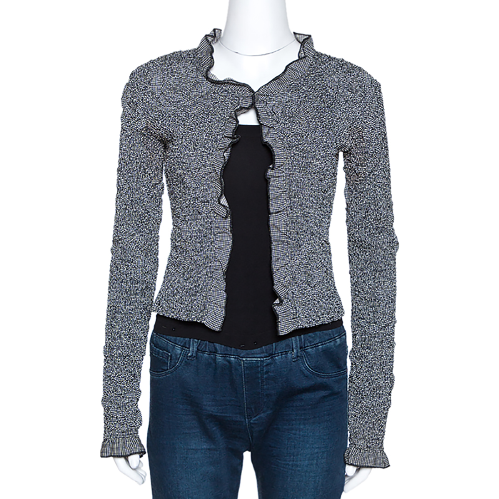 Chanel Monochrome Textured Camelia Pattern Detail Cropped Jacket M
