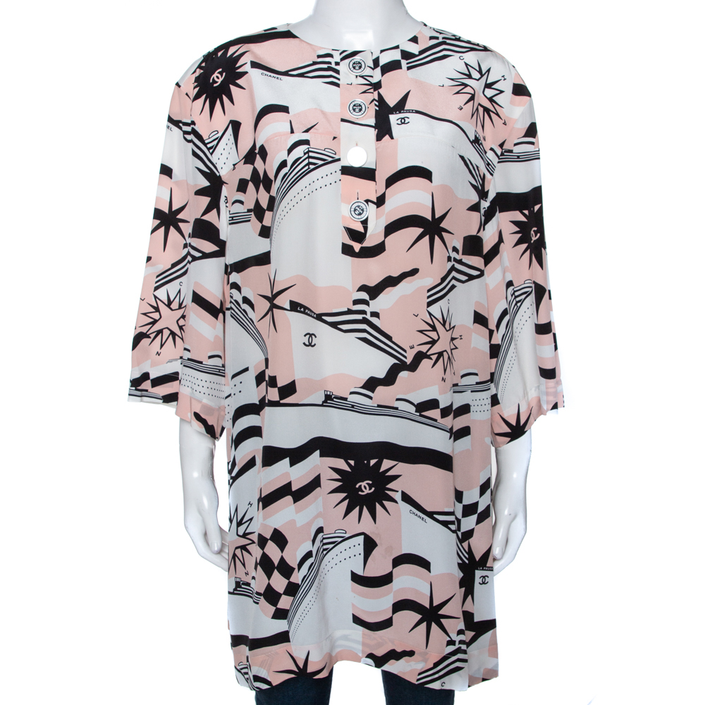 مملوكة مسبقًا Chanel Pink Printed Silk Three Quarter Sleeve Tunic M 