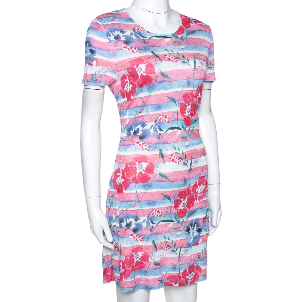 

Chanel Pink Striped Floral Print Knit Shift Dress