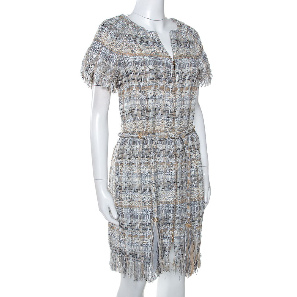 

Chanel Pale Grey Tweed Waist Tie Detail Zip Front Dress