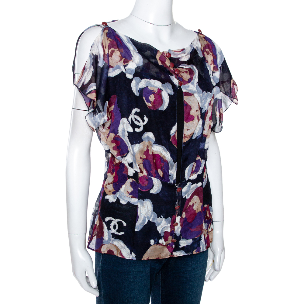 

Chanel Navy Blue Floral Print Silk Back Cutout Detail Sheer Blouse