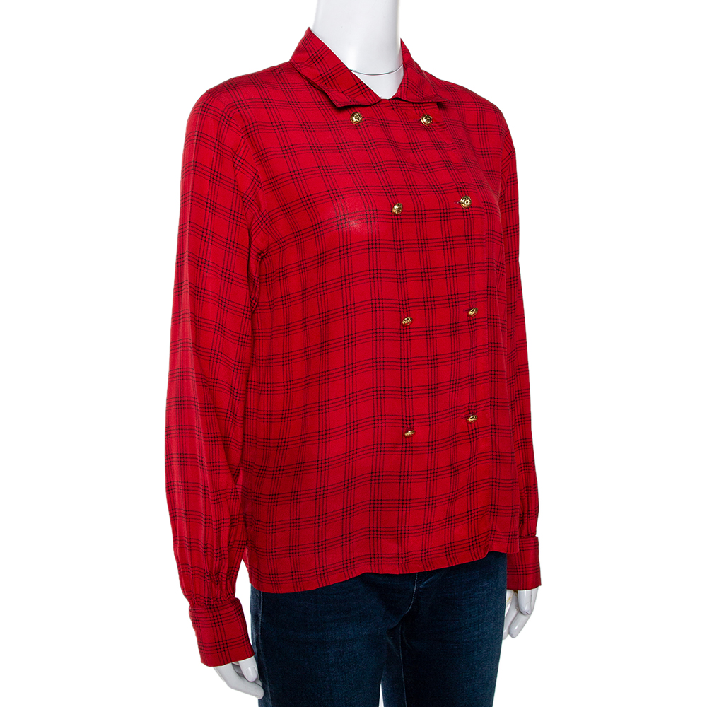 

Chanel Red Printed Silk Button Front Long Sleeve Shirt