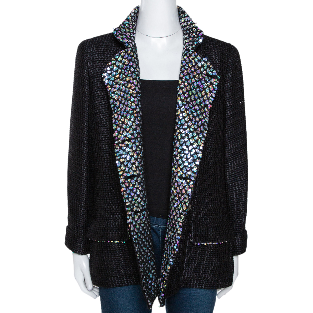 

Chanel Black Silk Sequin Embellished Double Breasted Jacket