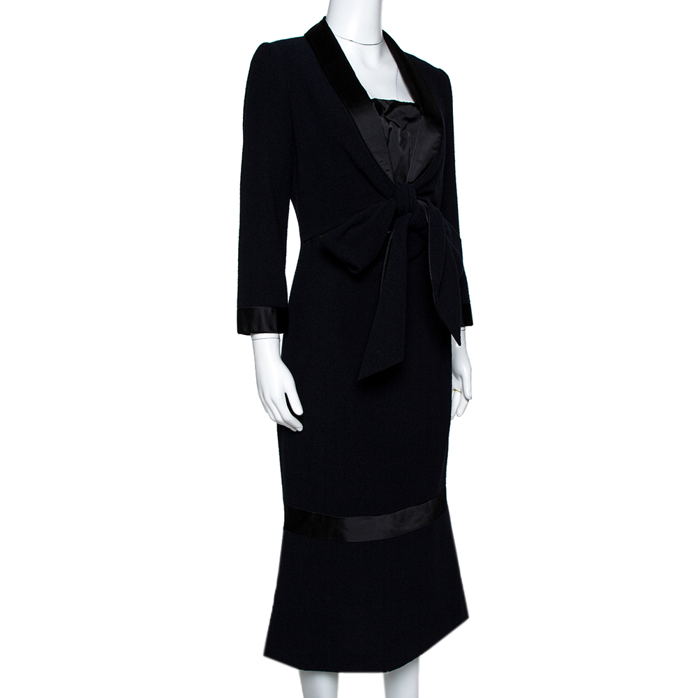 

Chanel Navy Blue Wool & Silk Trim Tie Front Dress
