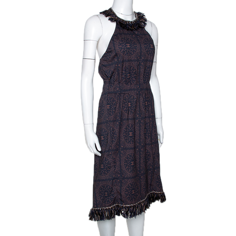 

Chanel Navy Blue Monogram Print Cotton Fringed Halter Dress