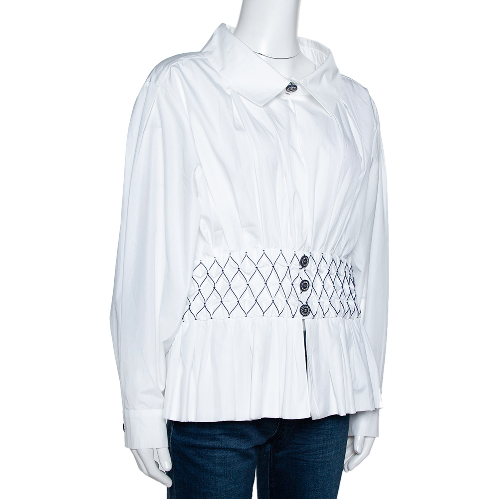 

Chanel White Smocked Cotton Poplin Long Sleeve Blouse