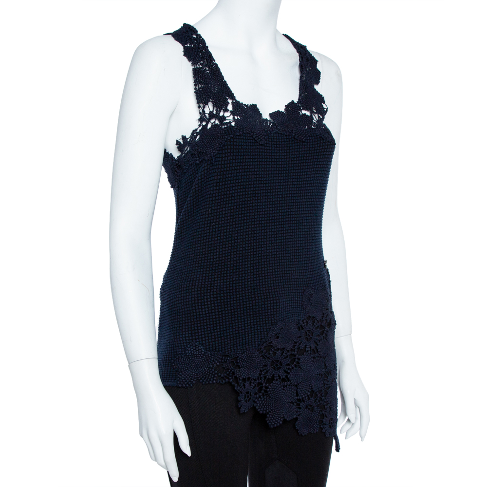 

Chanel Navy Blue Crochet Knit Lace Trim Sleeveless Top