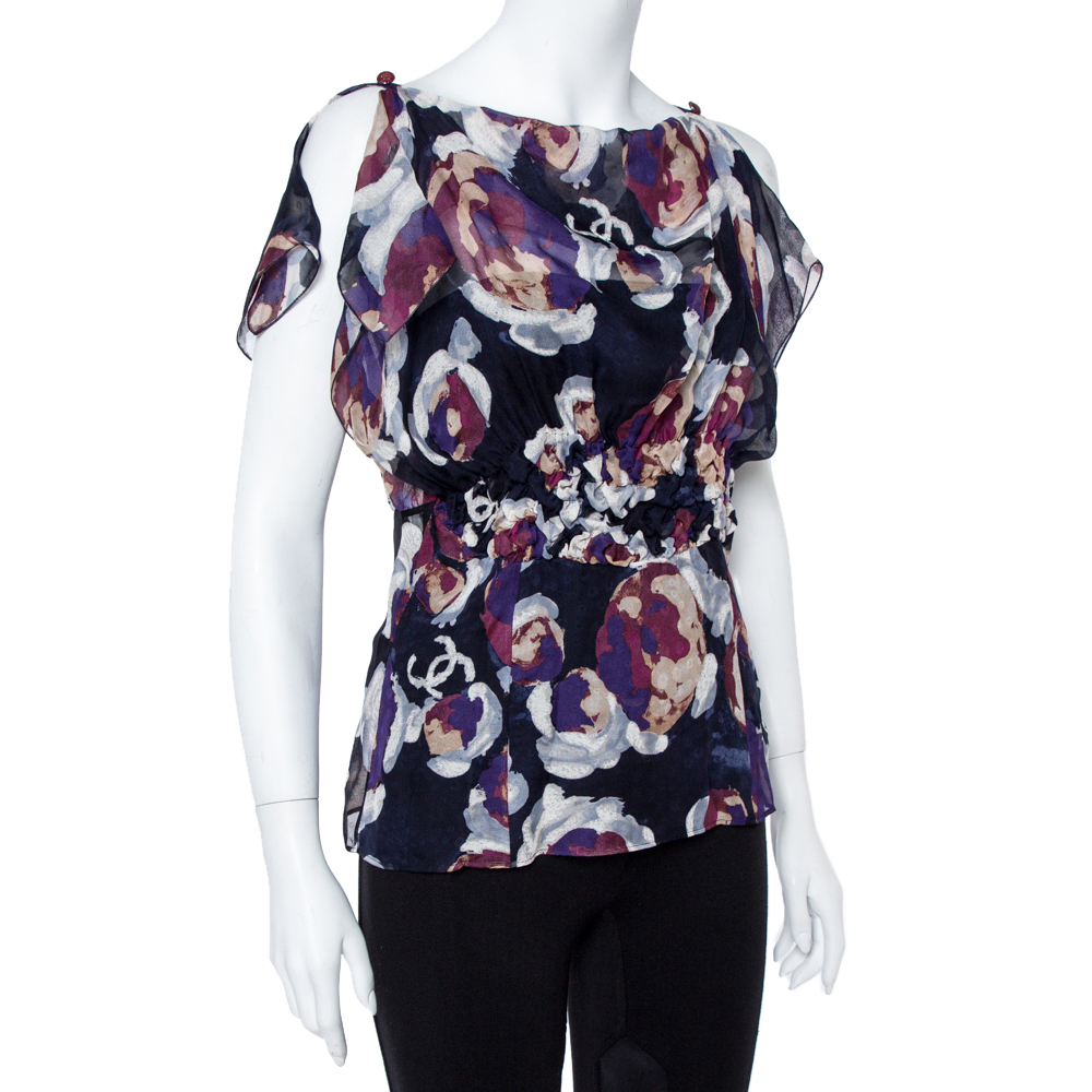 

Chanel Navy Blue Camellia Print Silk Smocked Sheer Blouse