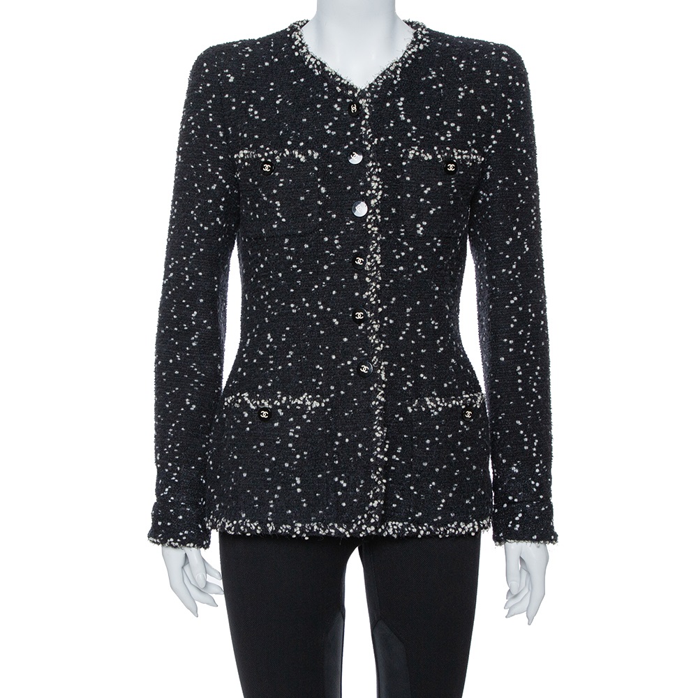 مملوكة مسبقًا Chanel Vintage Monochrome Speckled Tweed Jacket M