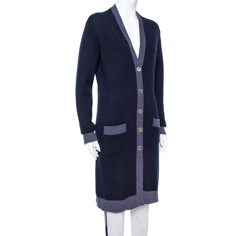 

Chanel Navy Blue Cashmere Long Button Front Cardigan