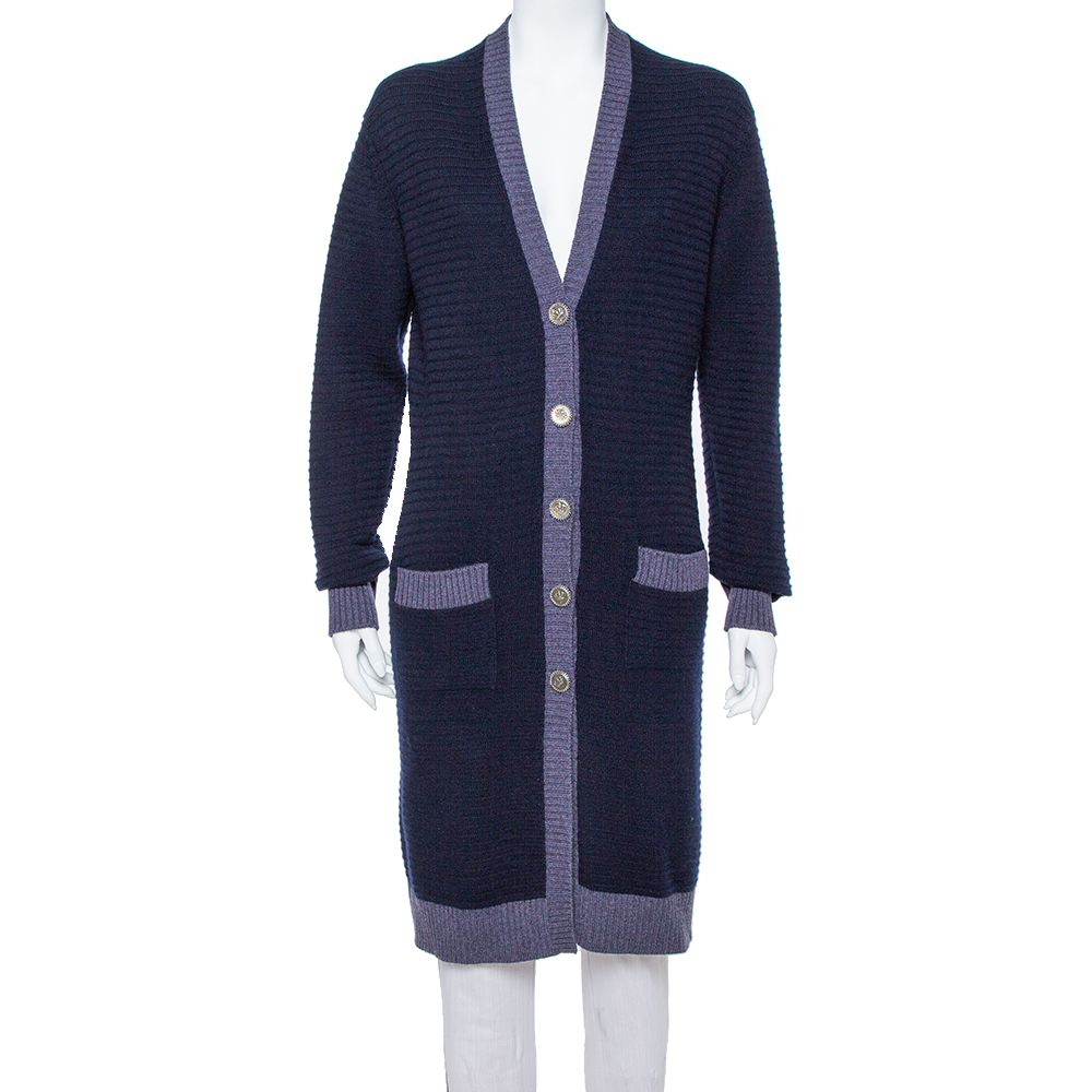 Pre Owned Chanel Navy Blue Cashmere  Long Button Front Cardigan M