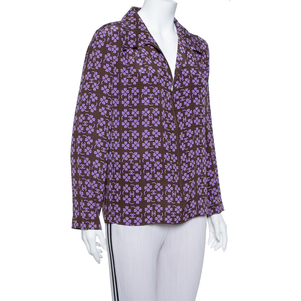 

Chanel Brown Logo & Floral Printed Silk Zipper Front Blouse
