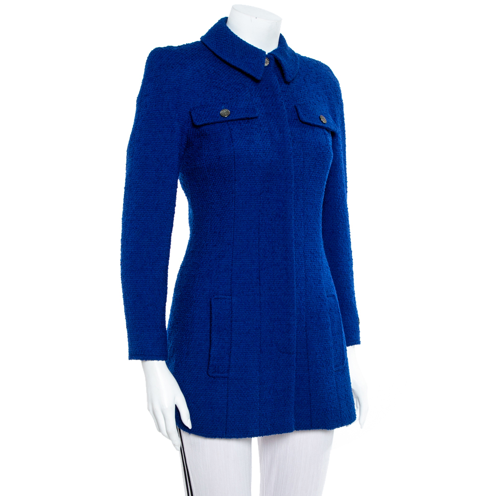 

Chanel Vintage Blue Tweed Button Front Long Jacket