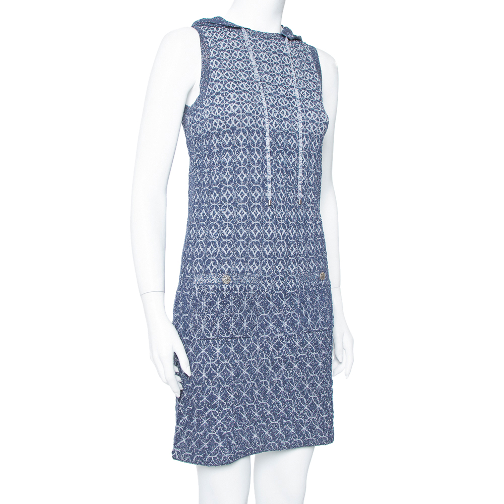 

Chanel Navy Blue Lurex Knit Hoodie Detail Sleeveless Shift Dress