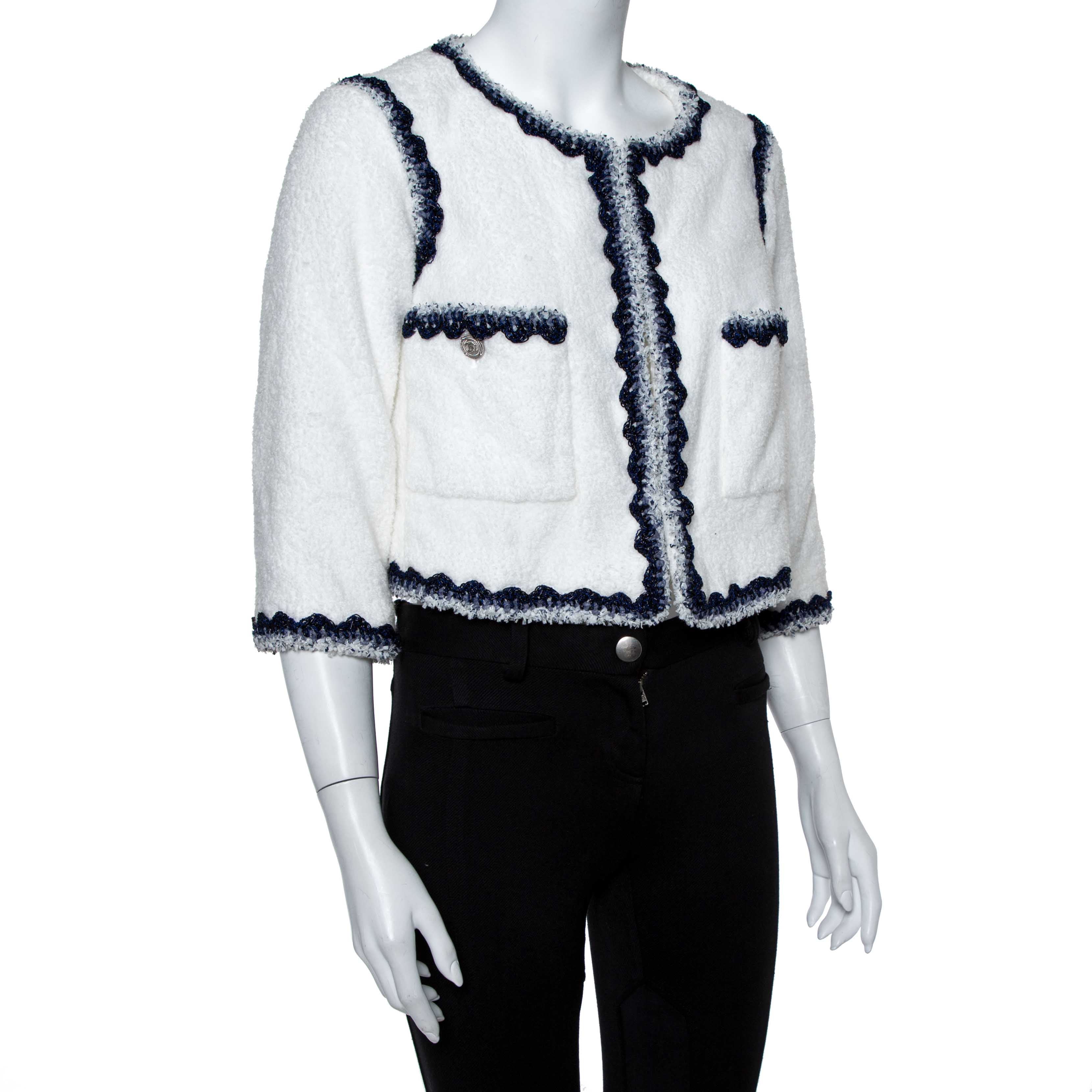 

Chanel White Faux Fur Contrast Trim Detail Collarless Jacket