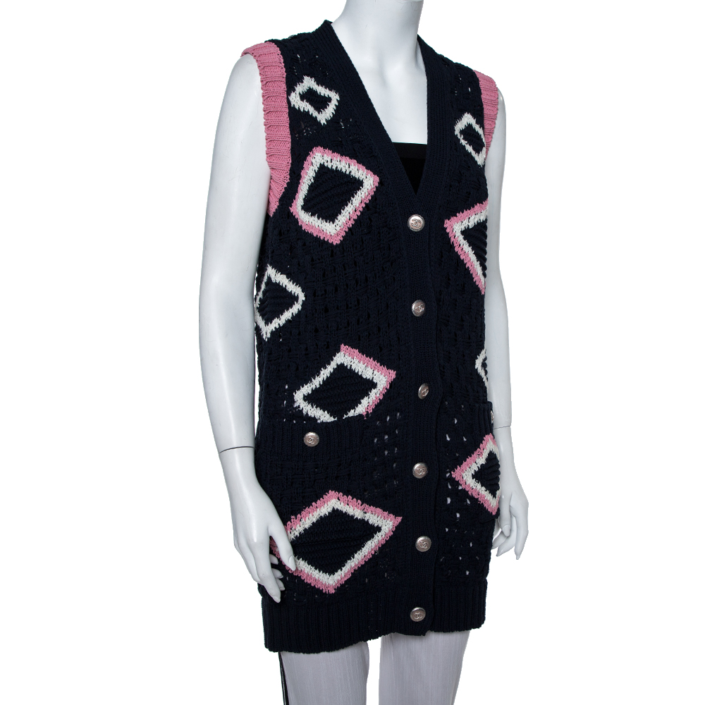 

Chanel Navy Blue Basket Weave Knit Contrast Pattern Sleeveless Cardigan