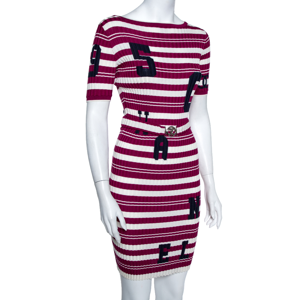 

Chanel Fuschia Striped Rib Knit Varsity Logo Detail Belted Dress, Purple