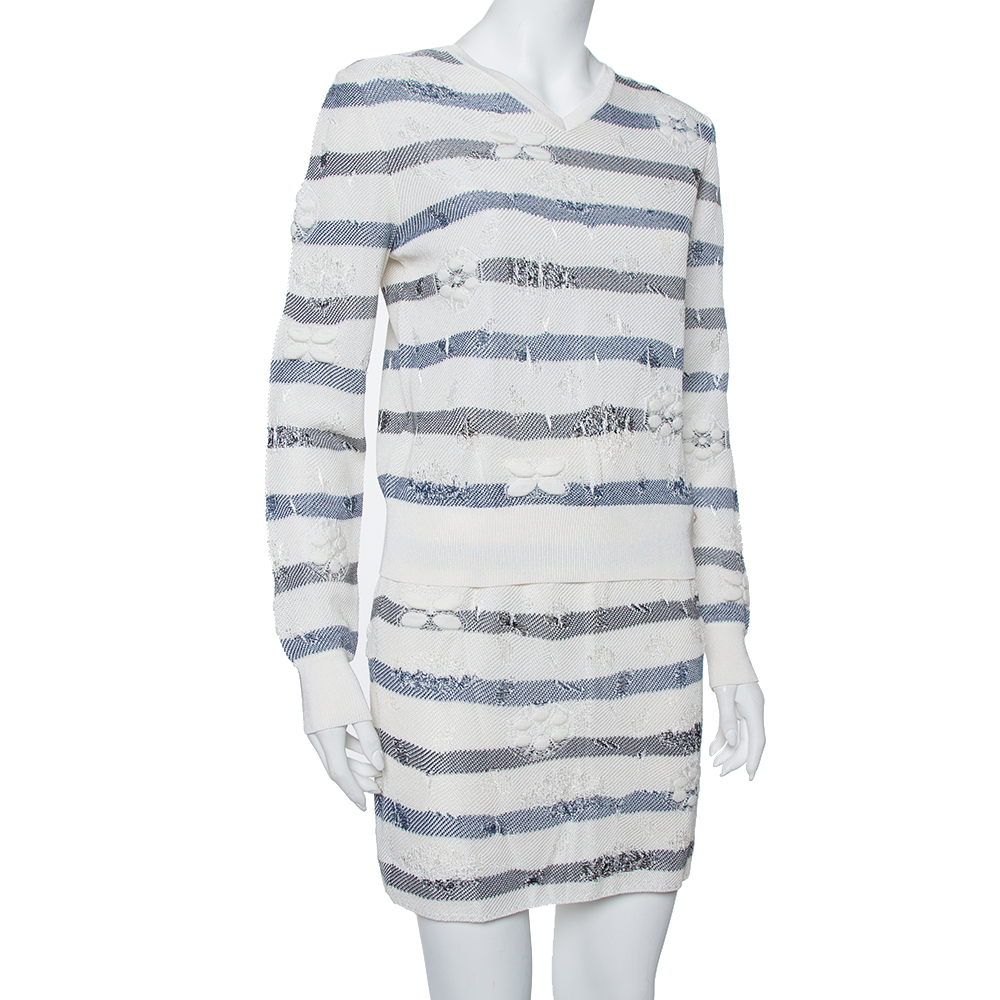 

Chanel Cream & Navy Blue Striped Embossed Knit V Neck Sweater & Skirt Set