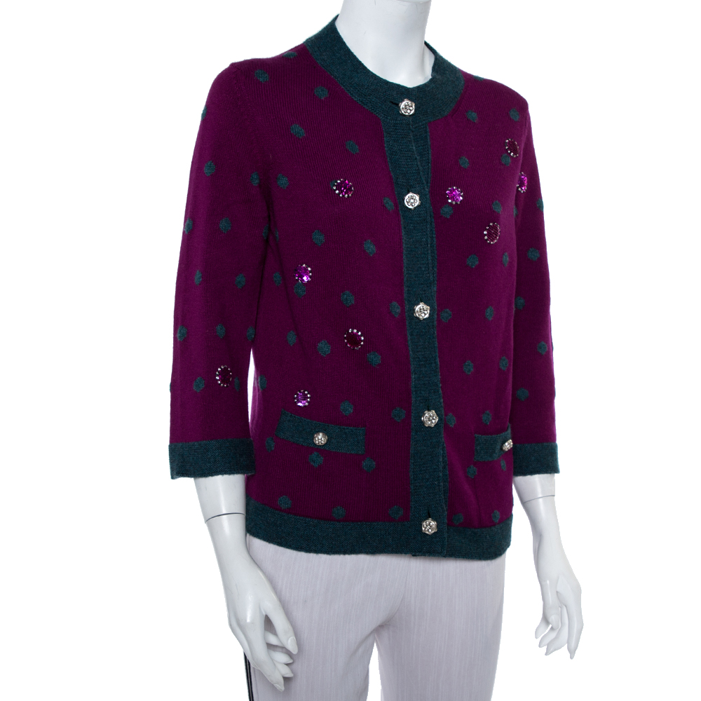 

Chanel Purple Cashmere Polka Dot & Sequin Embellished Button Front Cardigan