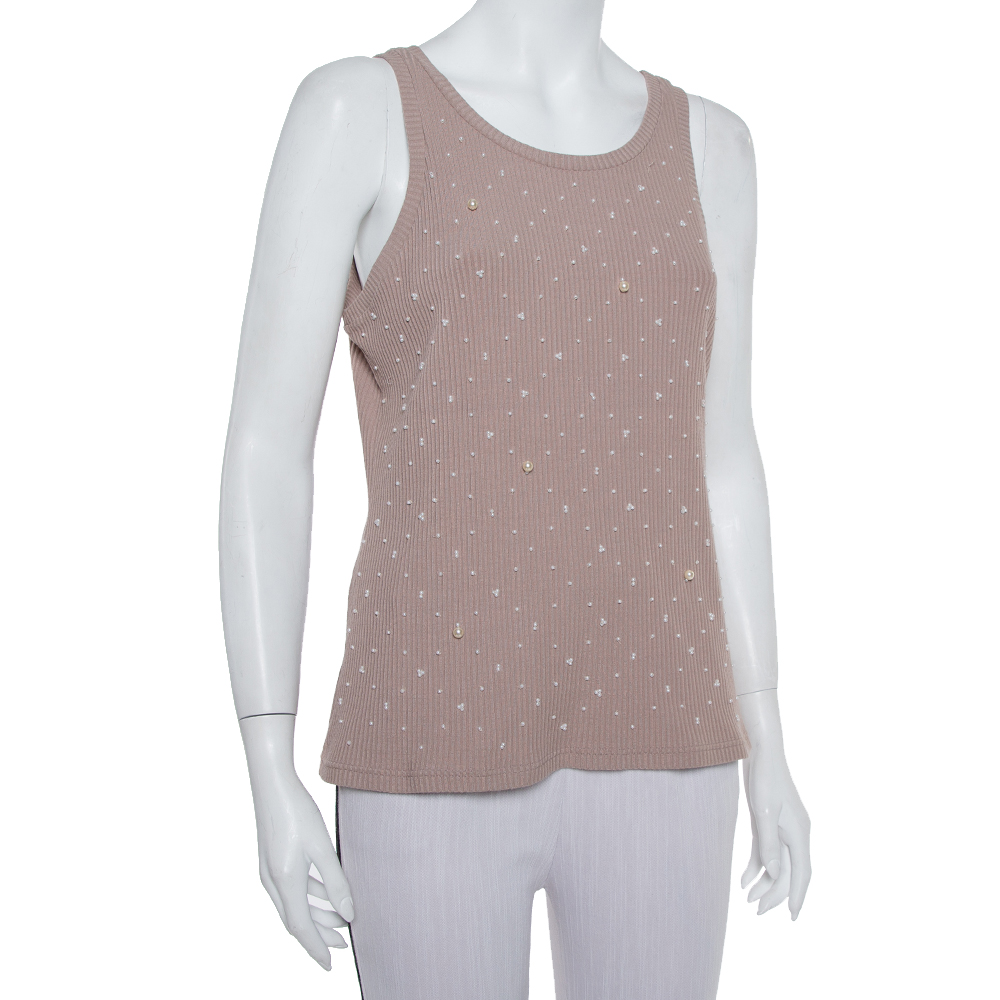 

Chanel Nude Pink Rib Knit Pearl Embellished Tank Top