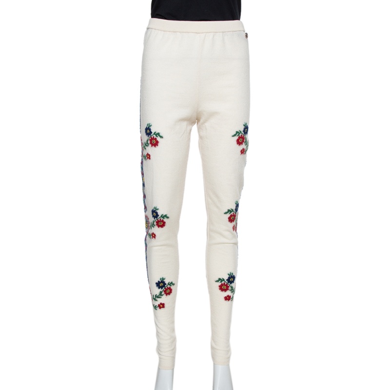Pre-owned Chanel Cream Floral Wool Leggings L