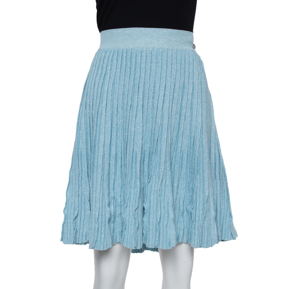Pre-owned Chanel Blue Cashmere & Line Pleated Short Skirt M