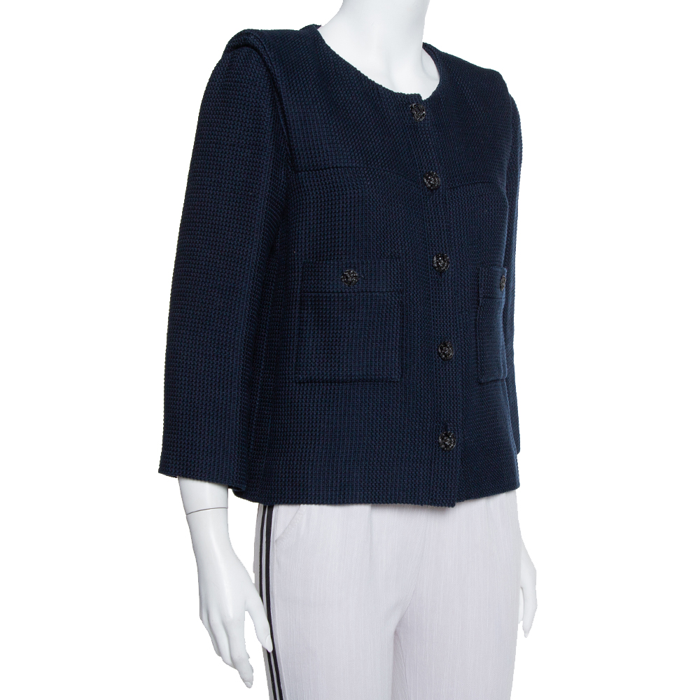 

Chanel Navy Blue Tweed Button Front Jacket