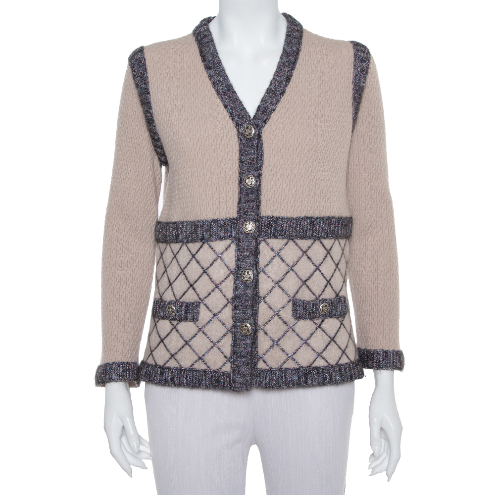 Pre-owned Chanel Beige Silk & Cashmere Contrast Trim Detail Button Front Cardigan L