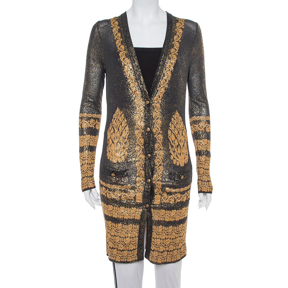 Pre-owned Chanel Black & Gold Printed Jacquard Knit Button Front Long Cardigan S