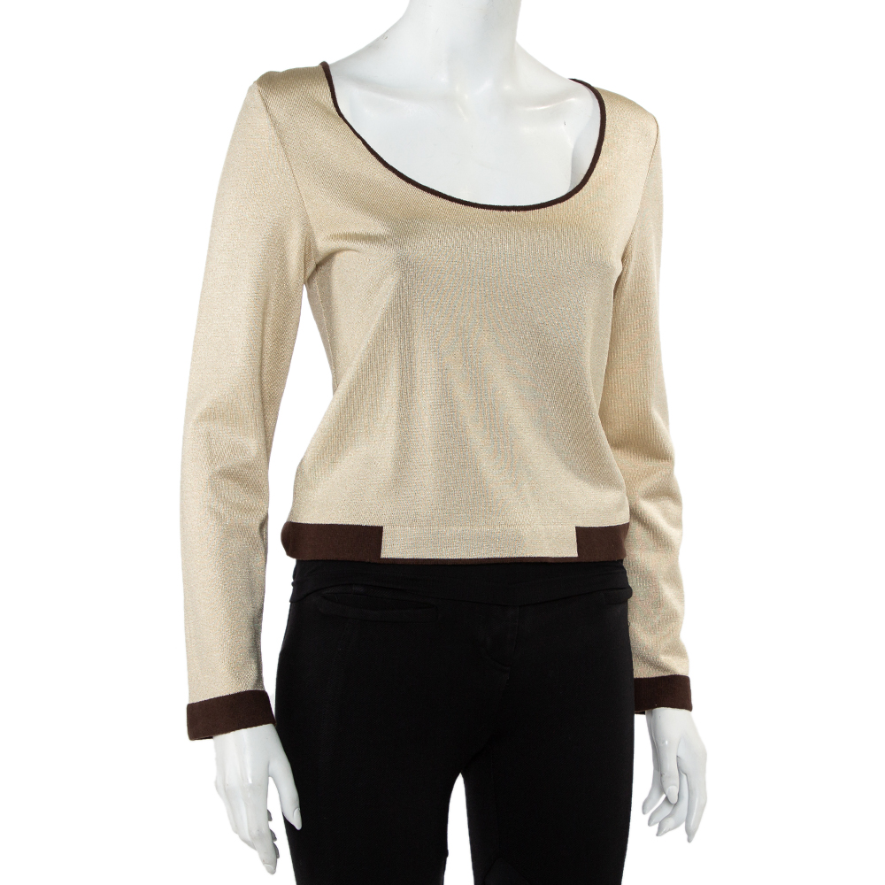 

Chanel Beige Lurex Knit Contrast Detail Round Neck Top