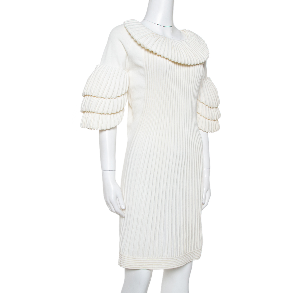 

Chanel Cream Rib Knit Tiered Sleeve Detail Short Dress