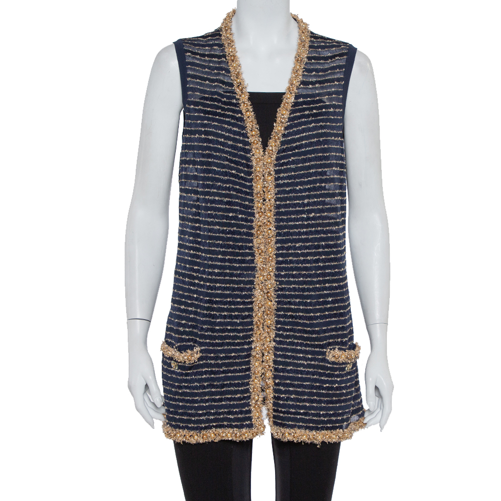 Pre-owned Chanel Navy Blue Knit Bead Embellished Hook Front Vest Xl