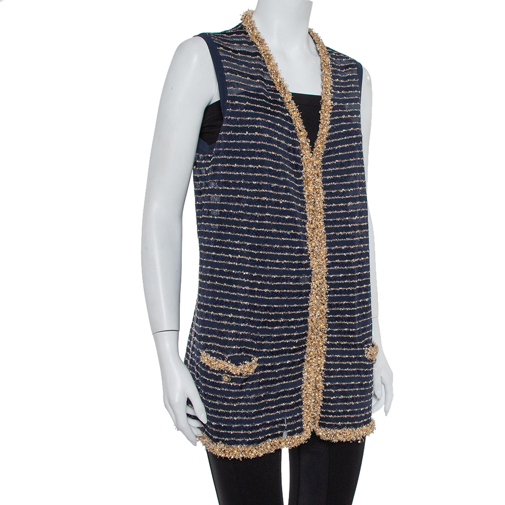 

Chanel Navy Blue Knit Bead Embellished Hook Front Vest