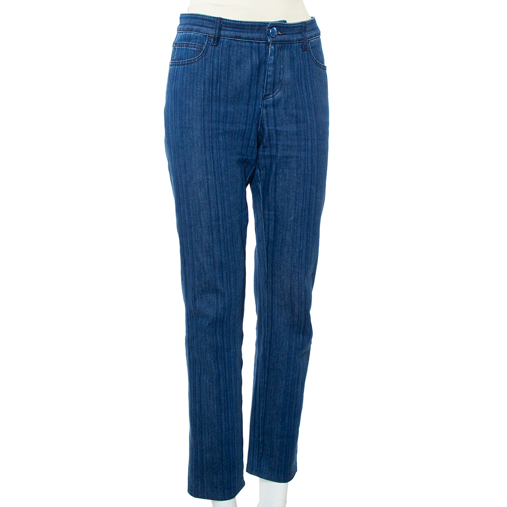 

Chanel Navy Blue Striped Denim Tapered Leg Jeans