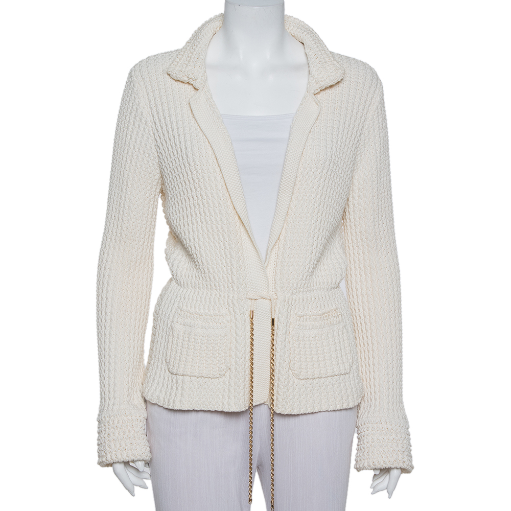 Pre-owned Chanel Cream Chunky Knit Front Tie Detail Vintage Cardigan M