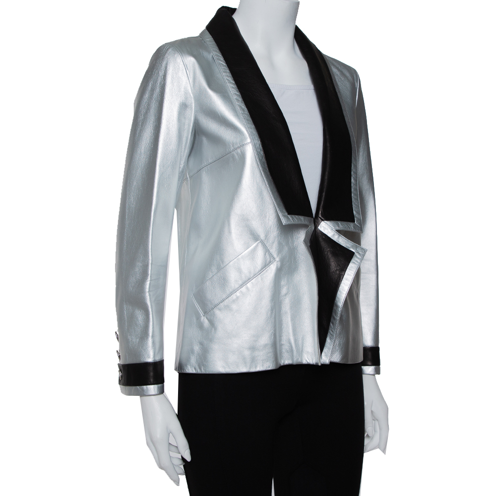 

Chanel Silver Leather Contrast Trim Detail Jacket
