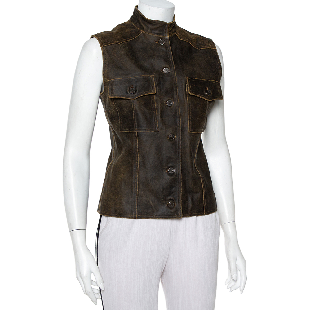 

Chanel Vintage Dark Brown Leather Button Front Distressed Vest
