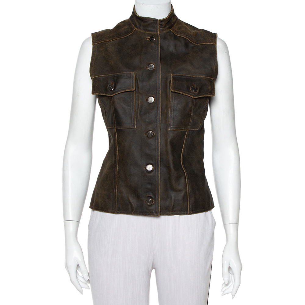 Pre-owned Chanel Vintage Dark Brown Leather Button Front Distressed Vest M